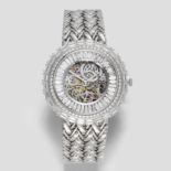 Audemars Piguet. A fine and rare 18K white gold and diamond set skeletonised manual wind bracelet...