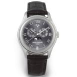 Patek Philippe. A Fine and recently serviced platinum automatic annual calendar wristwatch with m...