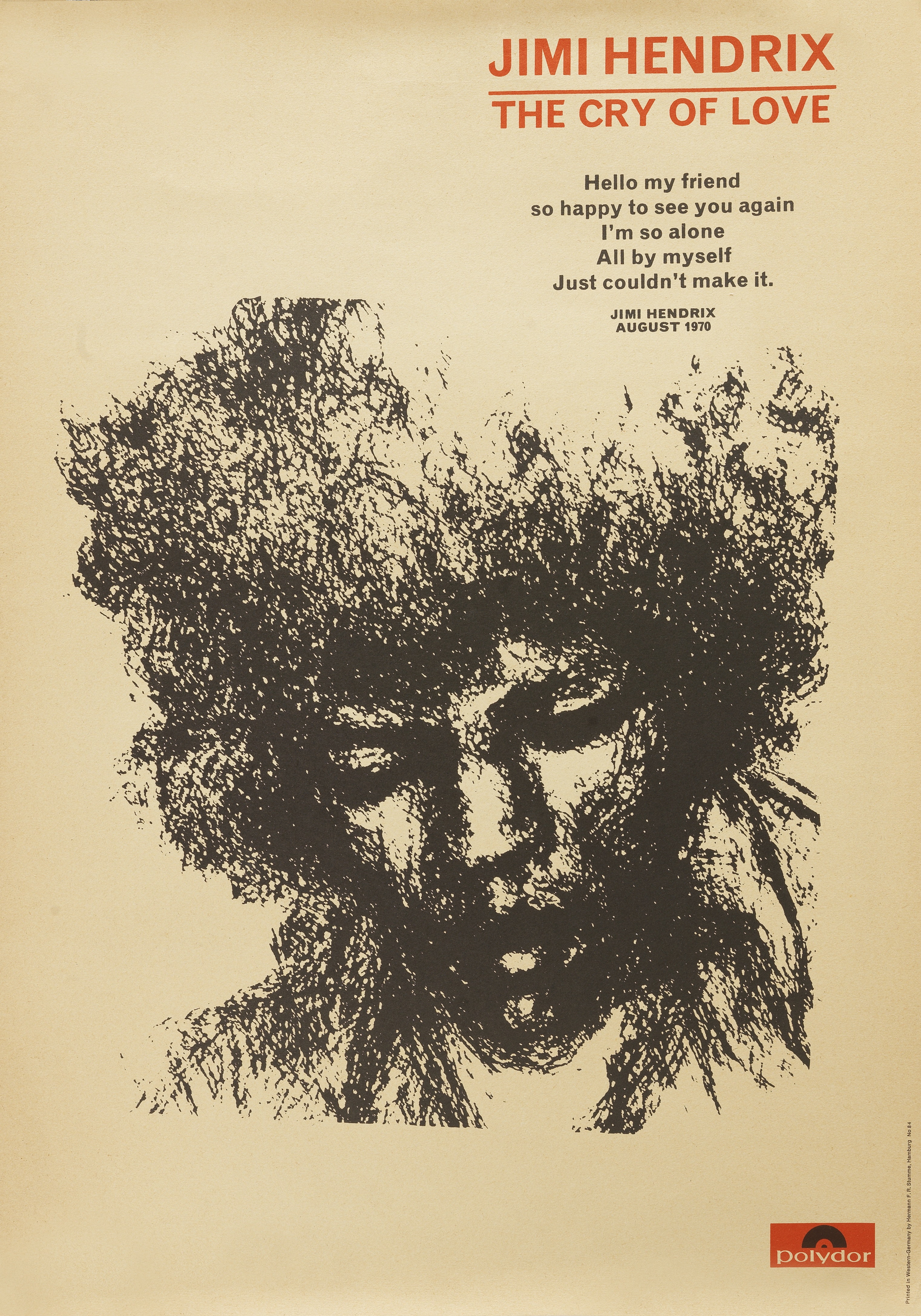 Jimi Hendrix: An original promotional poster for The Cry of Love, August 1970,