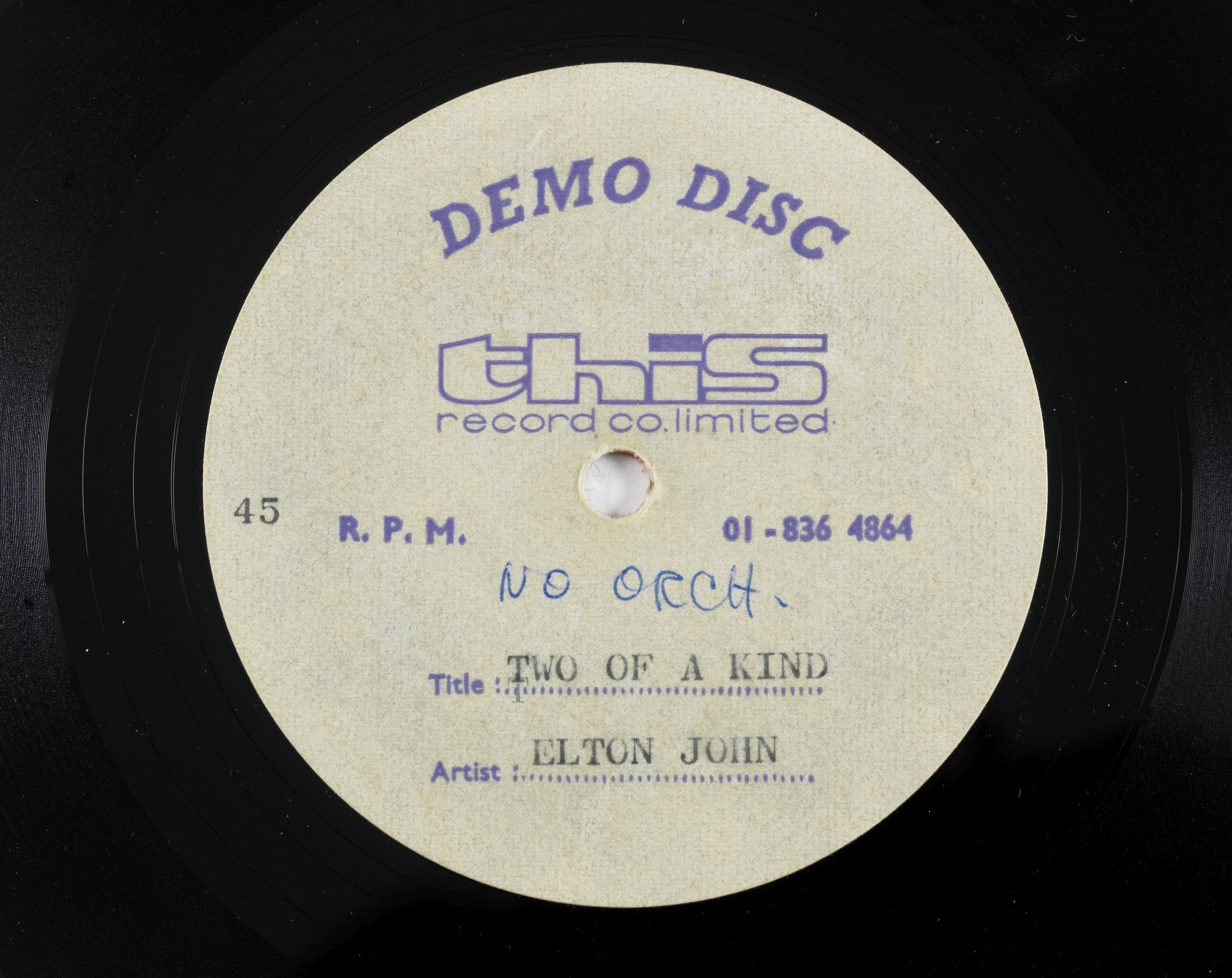 Elton John: An acetate recording of The Girl On Angel Pavement/Two Of A Kind, 1968,