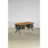 Silvio Berrone Desk 1955-56for glass, brass, faux leather, oak, acid etched stencil to glass draw...