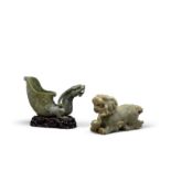 TWO GREEN JADE MYTHICAL BEAST CARVINGS (2)