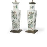 A pair of square-sectioned baluster vases with famille verte decoration Kangxi marks, late Qing ...