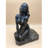 Bronze effect porcelain nude lady kneeling figurine, Sat upon a marble/ granite base. Measures