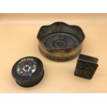 Silver plated champagne coaster, copper arts & crafts lidded pot and arts & crafts matchbox holder