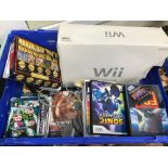 A crate of various console games, also includes 2 Wii consoles.