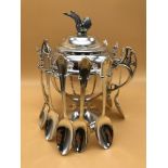 Benedict Canadian Silver plated Caviar pot with 12 spoons. Styled with Art Nouveau handles. Stands