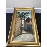 Oil painting of a cobbled alleyway and high wall. Signed Robb Keine and dated. Fitted within a