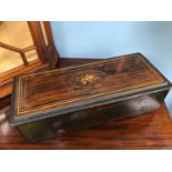 A Victorian Cylinder music box. Inlaid to the top. Working order. Measures 15x50x21cm