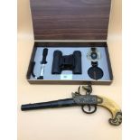 Replica heavy display flint lock pistol, Toghether with boxed compass, binoculars and torch set.