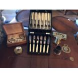 A selection of military to include bone domino set, EP knife and fork set in original case.