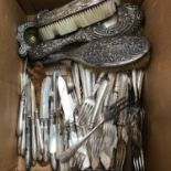 A box filled with various silver handled cutlery,mother of pearl and silver collared cutlery & three