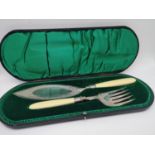 A Sheffield silver fork & slice, fitted with bone handles and placed within a fitted case designed