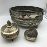 A Large Indian silver plate swing handle basket together with two silver plate trinket boxes.