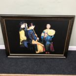 A painting on canvas depicting a trio of Chinese lady musicians with a black background. Frame