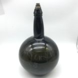 A Georgian hand blown green glass onion bottle with elongated neck, later etched with 'Jean