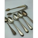 A Lot of 5 Victorian Glasgow Silver Tea spoons together with matching sugar tongs, Makers John