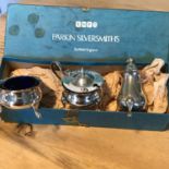 A set of three Sheffield silver condiment pots together with original box (Parking Silversmiths)