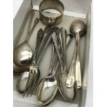 A Small box of EP tea spoons, Includes 3 Sterling silver tea spoons, 2 Birmingham silver tea