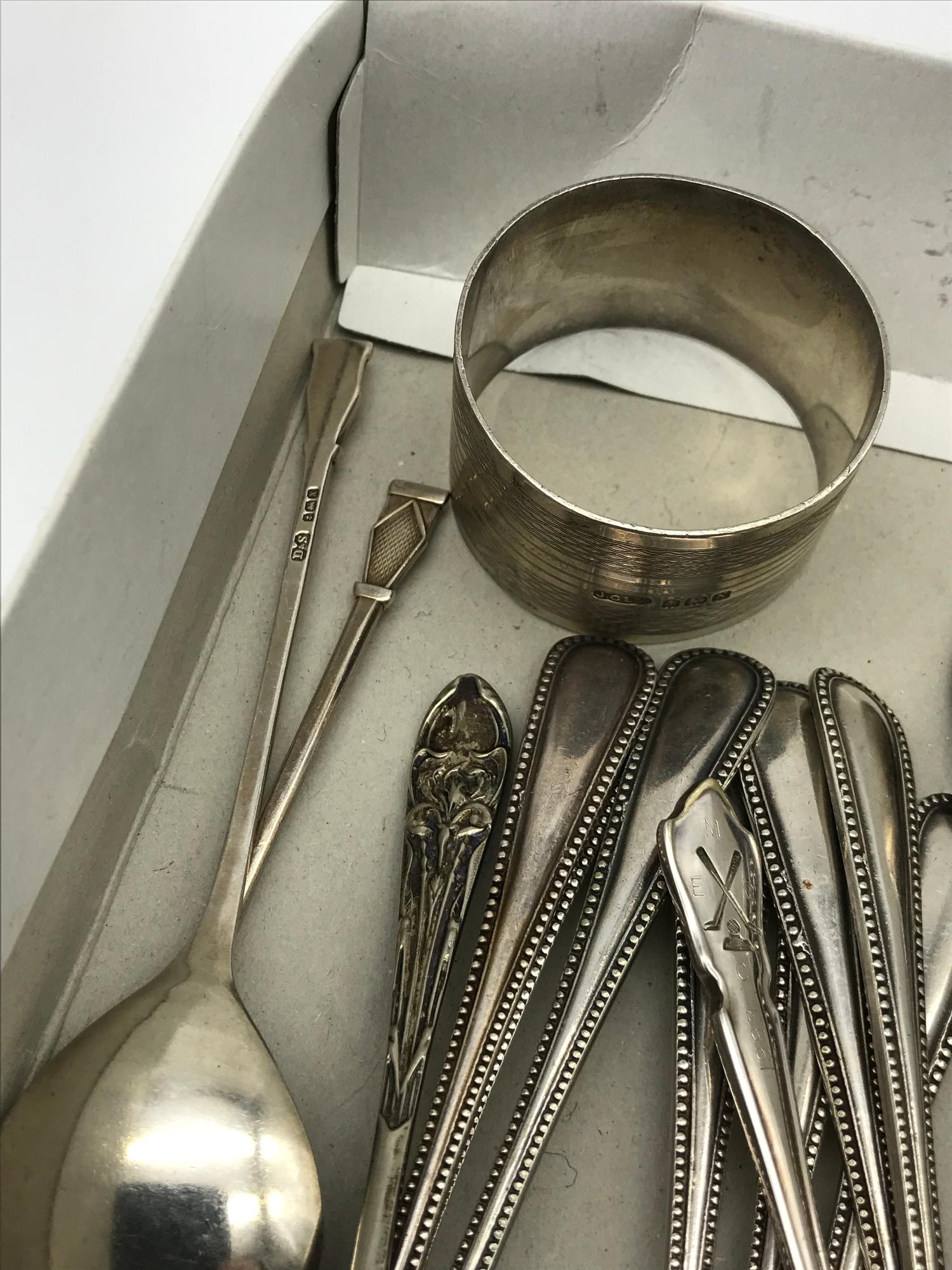 A Small box of EP tea spoons, Includes 3 Sterling silver tea spoons, 2 Birmingham silver tea - Image 2 of 2