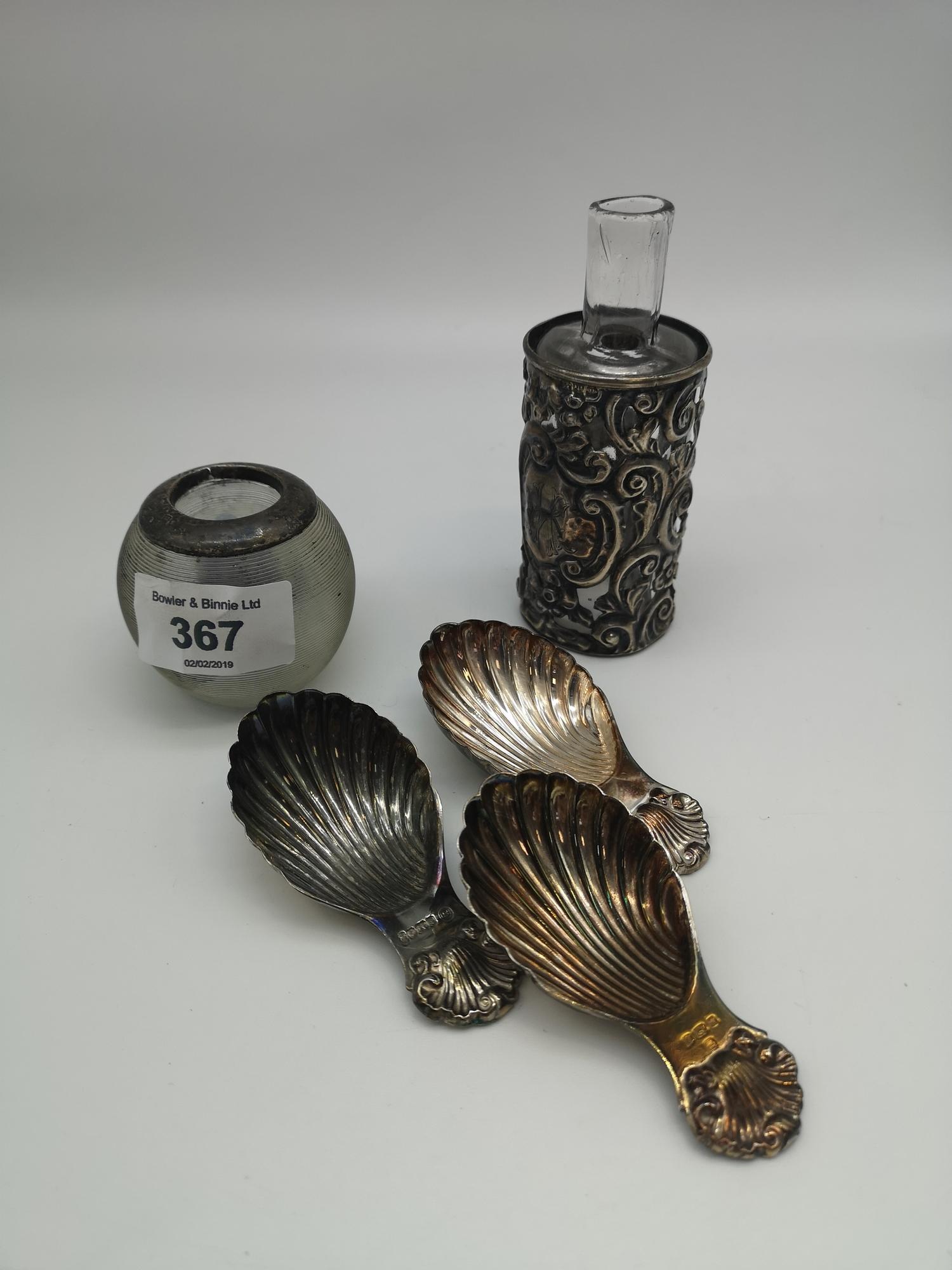 Three Birmingham & Sheffield silver shell design spoons together with a silver collared ink pot - Image 2 of 2