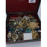 A Box filled with vintage brooches, earrings and various Scottish Celtic design brooches