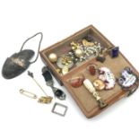 A Small box of collectables which includes 18ct gold pin (2.40grams)scrap gold brooch with ruby