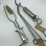 A Lot of 3 20th century Midwifery medical tools which includes Forceps, Large Tongs & Syringe by