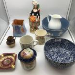 A Lot of collectable porcelain items which includes Staffordshire flatback figure, Maling blue and