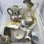 A Collection of porcelain items which includes dragon handle Mason's jug, Victorian hand painted