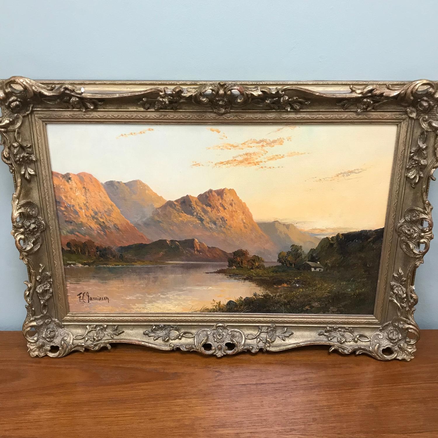 A Loch scene oil on canvas by F.E Jamieson (1895-1950), signature to the corner, fitted within a