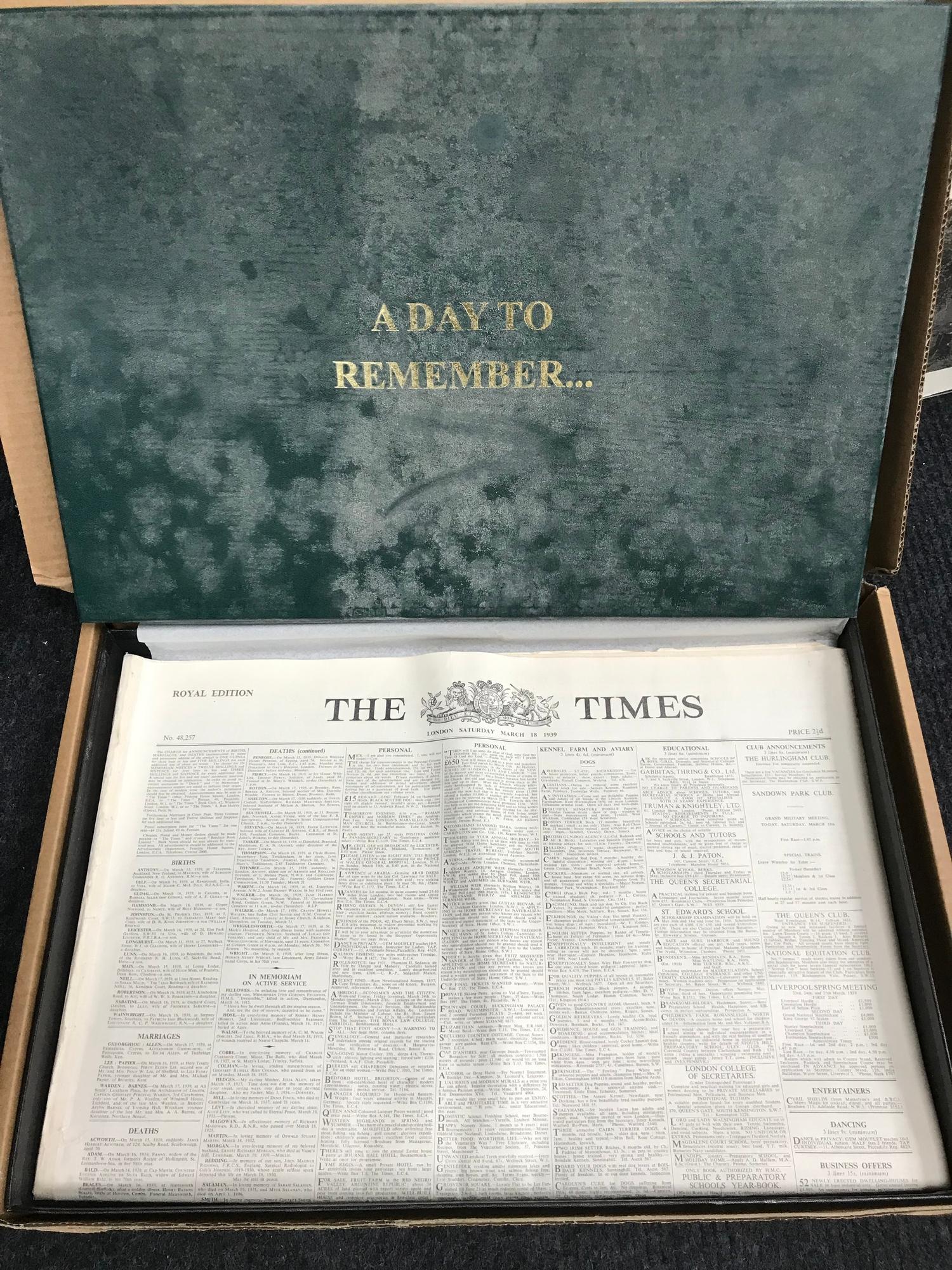 Original 1939 A Day to remember The Times newspaper with protective box.