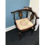 Edwardian inlaid corner chair with curved back.