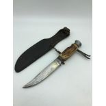 Fagan hunting knife with two pull out tools, Antler handle, Leather sheath.