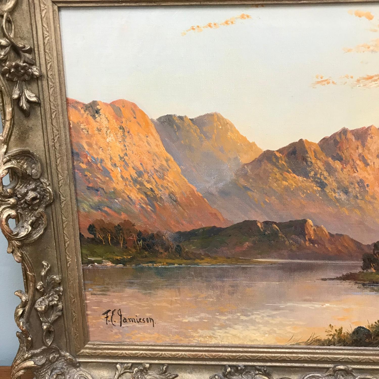 A Loch scene oil on canvas by F.E Jamieson (1895-1950), signature to the corner, fitted within a - Image 3 of 5