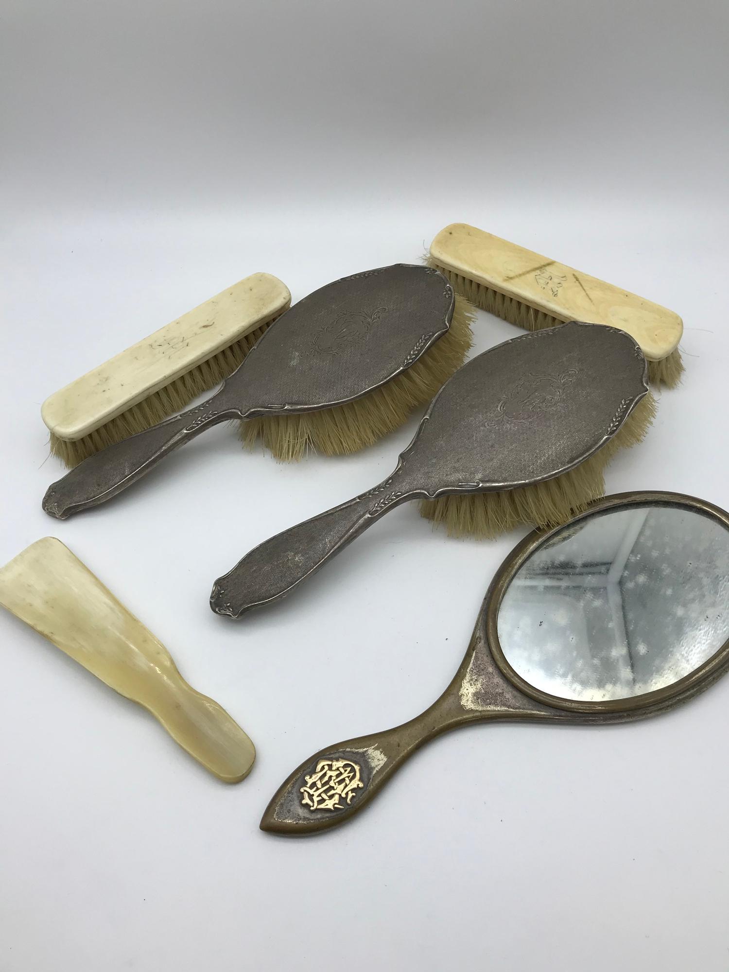 A Lot of 2 Sheffield silver brushes, Base metal mirror with gold initials and 3 other items.