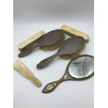A Lot of 2 Sheffield silver brushes, Base metal mirror with gold initials and 3 other items.