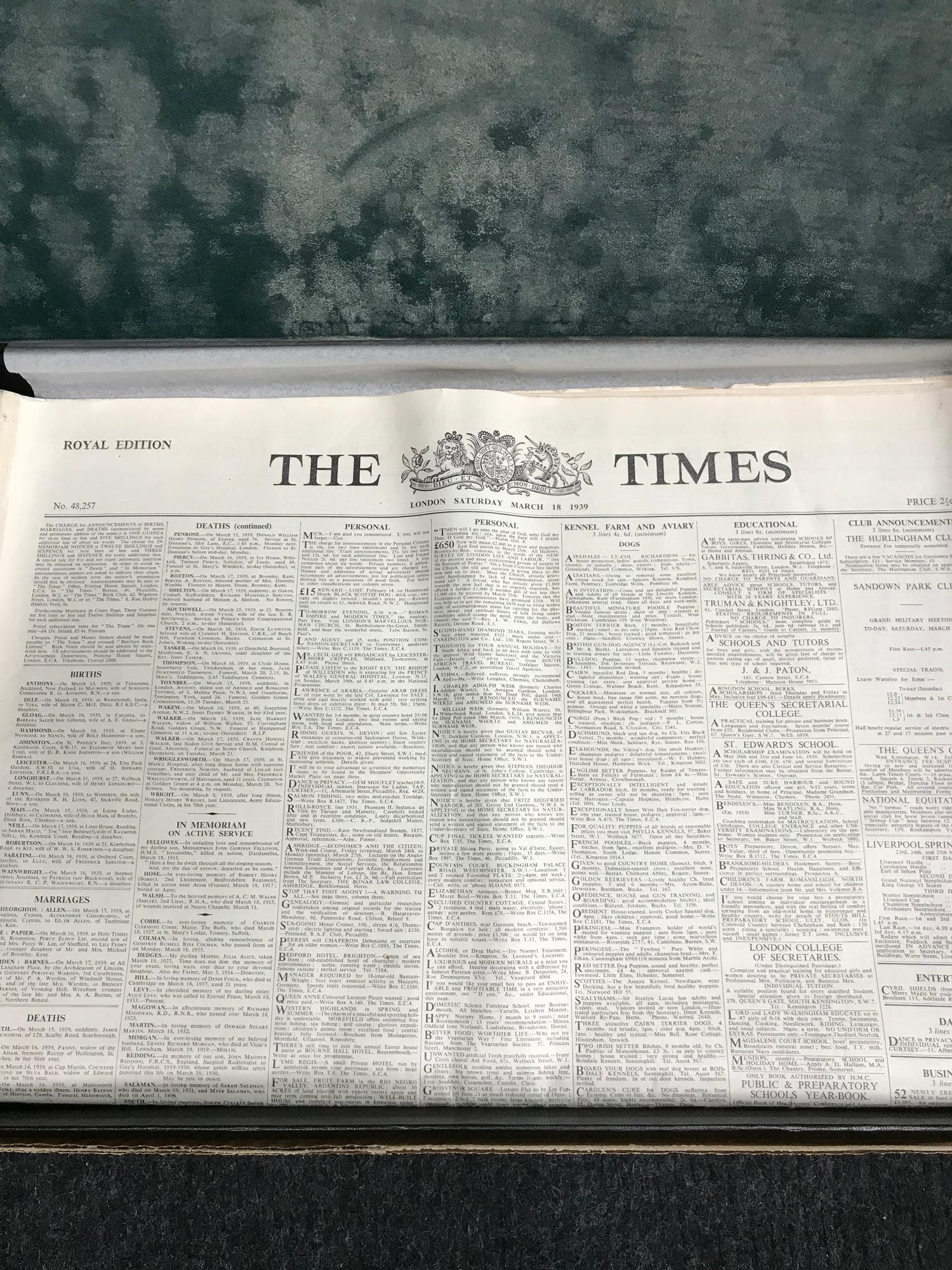 Original 1939 A Day to remember The Times newspaper with protective box. - Image 2 of 2
