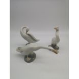 A collection of three Lladro swan figurines