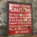 Antique Metal and enamel Southern railway Caution sign. Measures 53x42cm