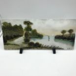 A Victorian painting on milk glass by M.J.W. DA. Measures 15x35.5cm