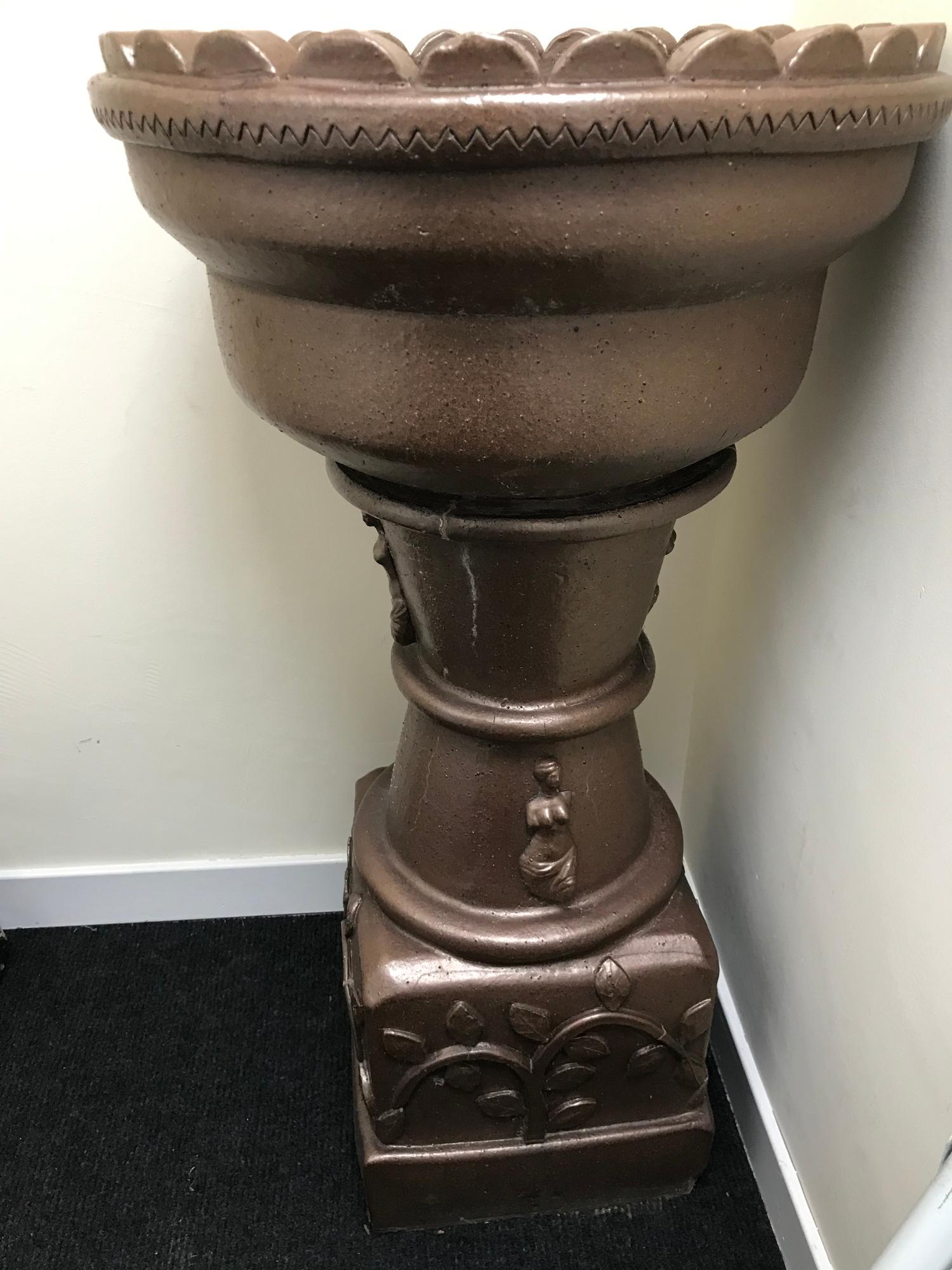 A Large heavy brown glazed stone pedestal plant stand.110CM. 57CM IN DIAMETER - Image 2 of 3