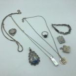 A Lot of silver jewellery which includes a Birmingham silver ring set with a single diamond and