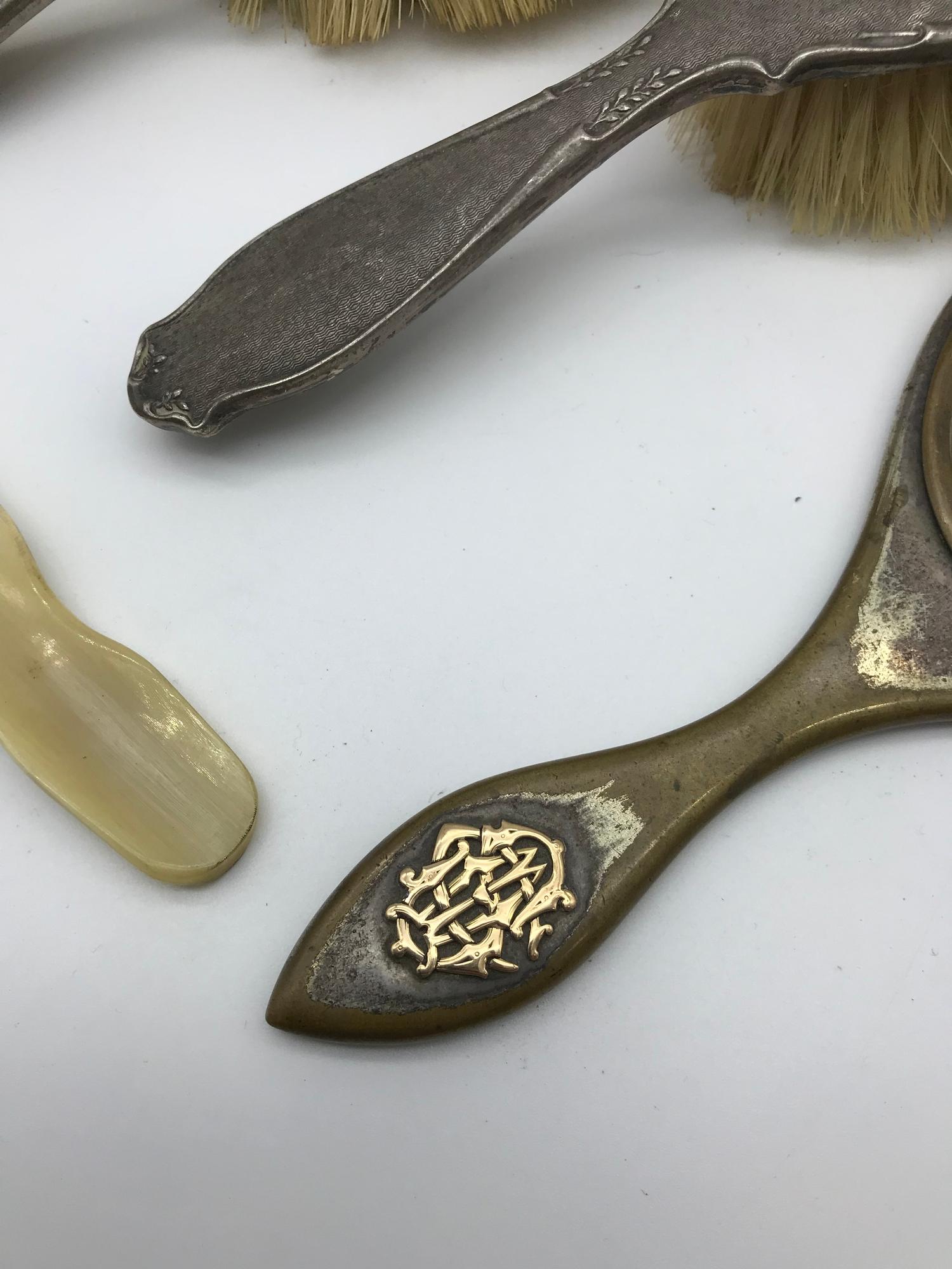 A Lot of 2 Sheffield silver brushes, Base metal mirror with gold initials and 3 other items. - Image 2 of 3