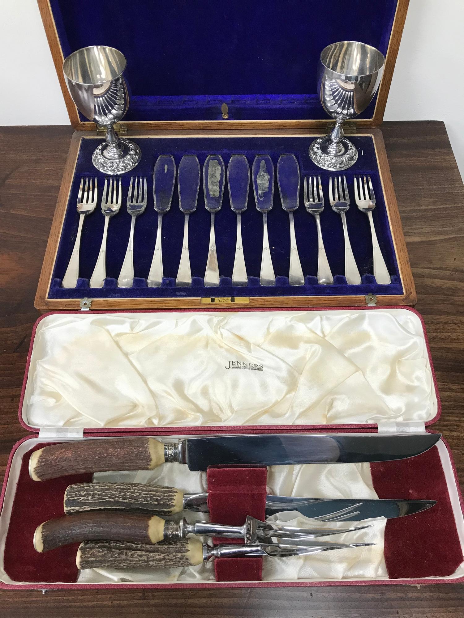 A Canteen of cutlery, Boxed carver set and various odds. Together with Barker Ellis goblets.