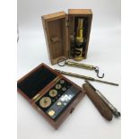 A Lot of measuring and scope tools. Includes L OERTLING LONDON weight set, Brass microscope with