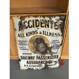 Antique Metal & Enamel "Accidents of all kinds & illness insured by the Railway Passengers Assurance