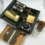 A Safety box containing various collectables, Binoculars, Bridge purse, Vintage measure beaker & two