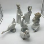 A Lot of 6 LLadro and nao girl figures, Two swans and duck figure.