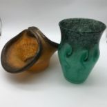 A Vasart orange art glass basket vase together with a Scottish green coloured vase. Green vase